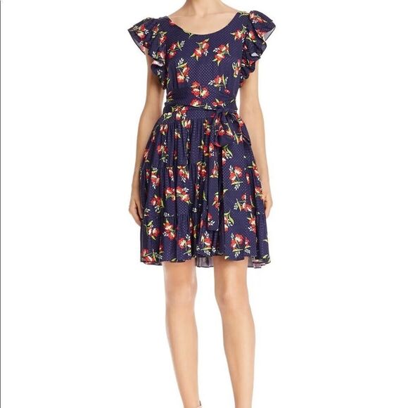 JILL STUART Navy Back Cut Out Floral Cap Sleeve Scoop Neck Short Fit dress sz S - Picture 2 of 6